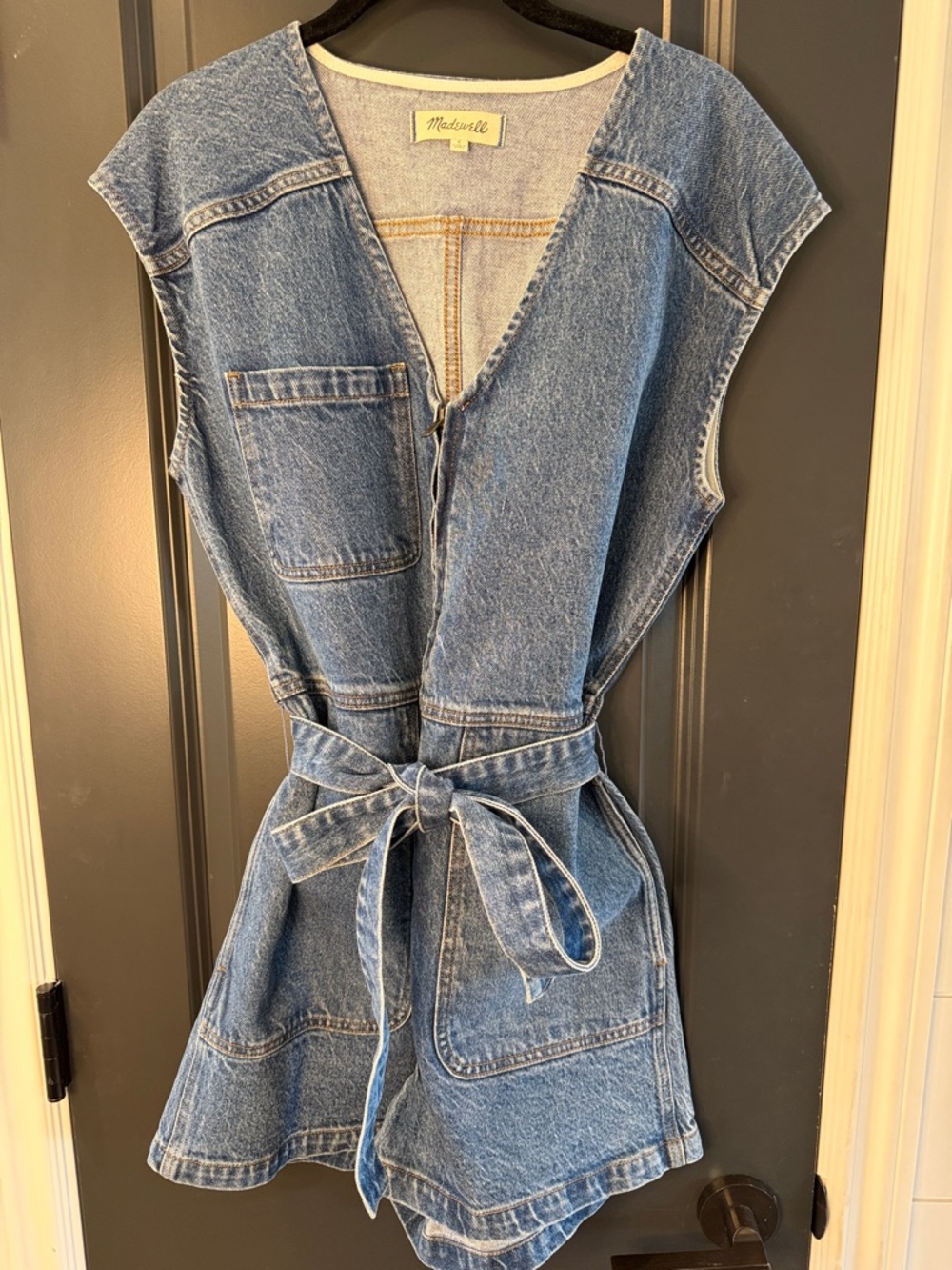 Madewell Light Wash Denim Romper with Tie Waist - Blue